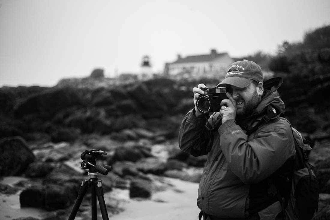 Ray Larose shooting a Plaubel Makina at Perkins Cove