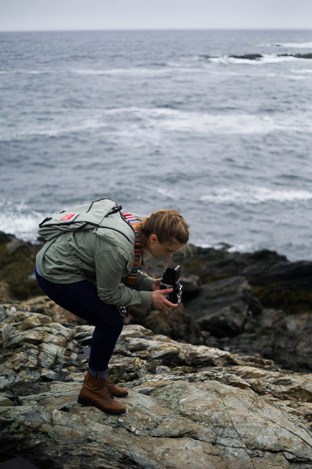 Sierra Jackson with her Rolleiflex on the coast of Maine