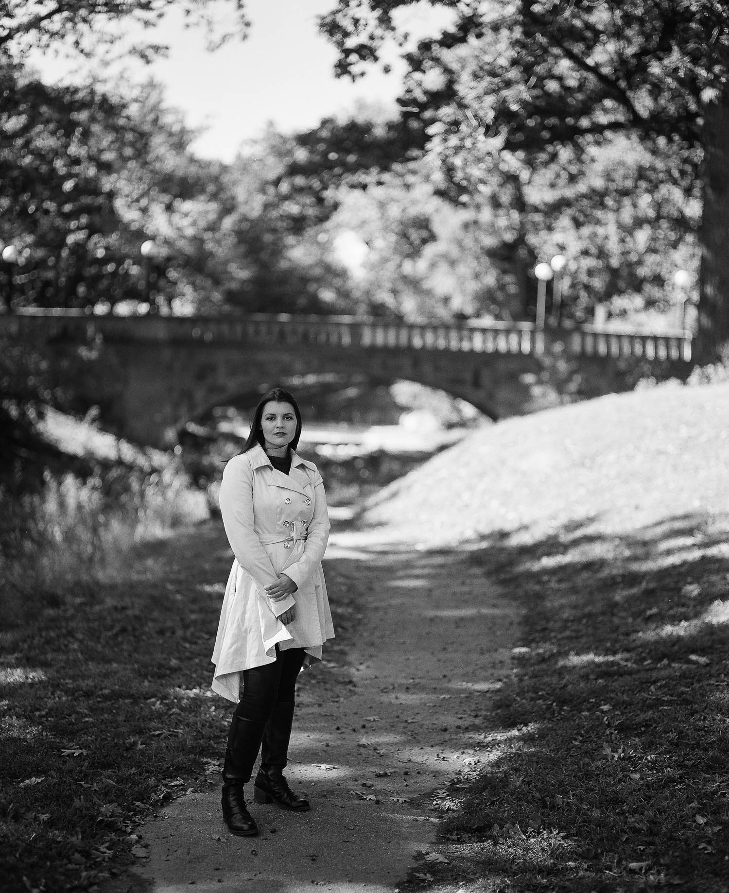 Whitney in front of the bridge of Deering Oaks Park