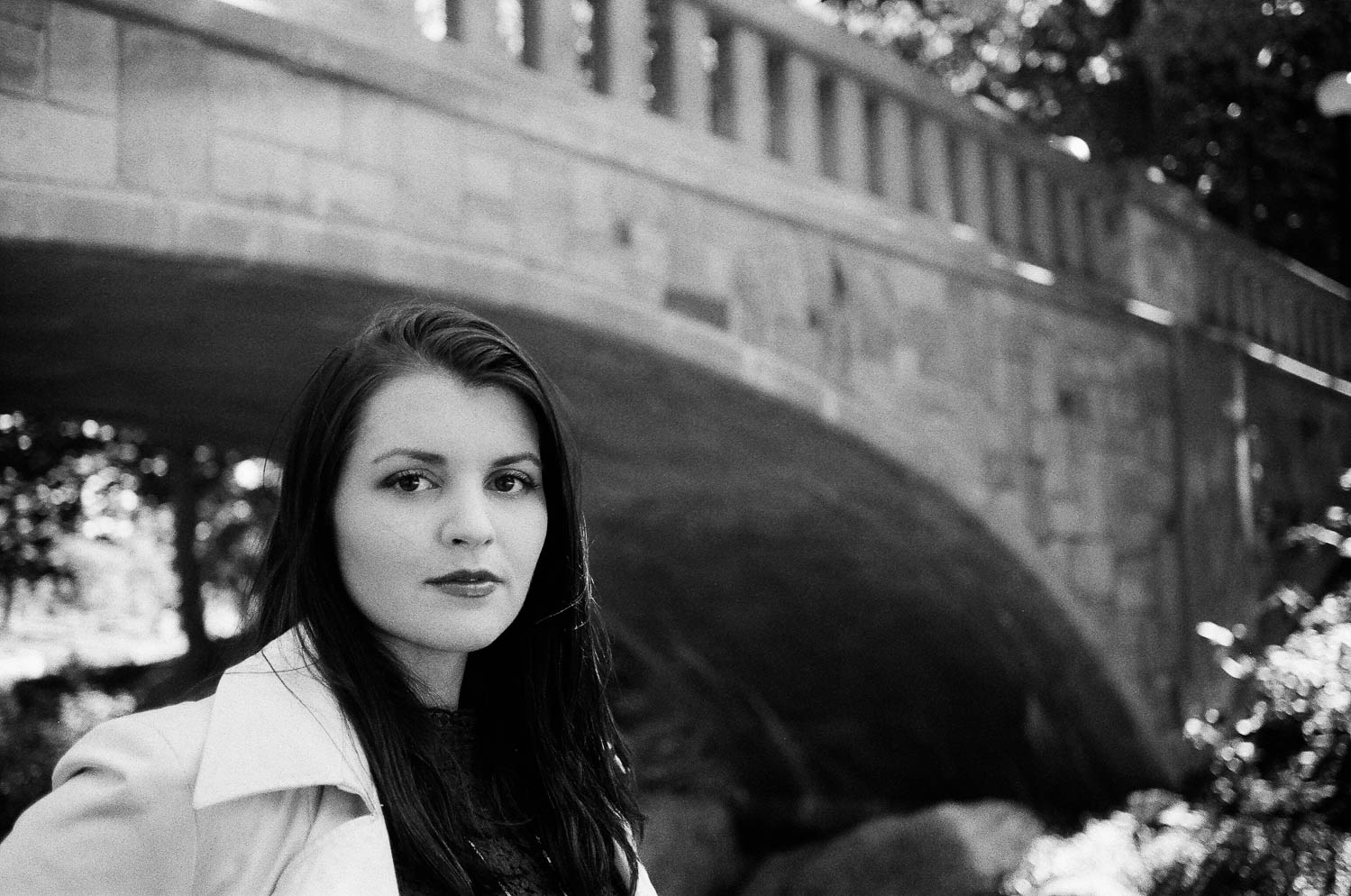 A girl below the Deering Oaks bridge