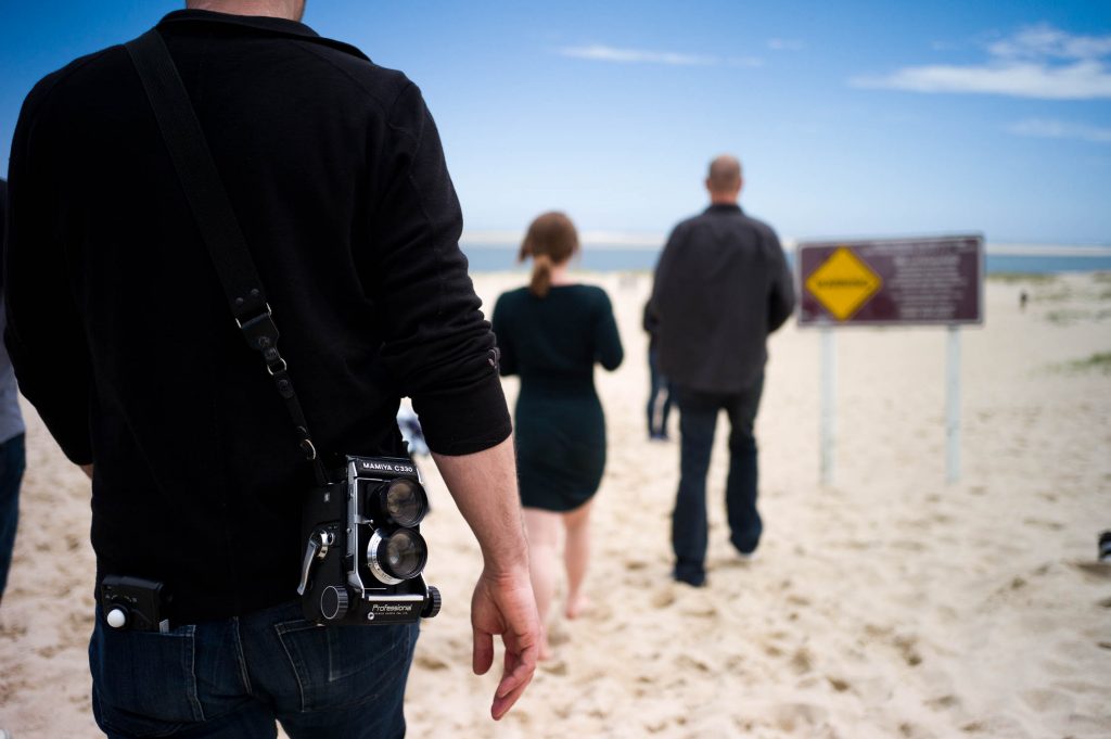 Walking on the beach with a Mamiaya C330 TLR