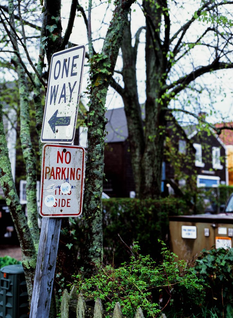 Street signs near mossy trees in Nantucket, MA. Bronica ETRSi / Velvia 100