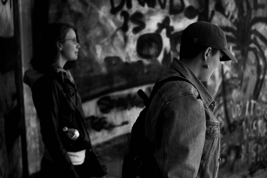 Keegan and Hannah in a grafitti-covered room in Savannah, Georiga